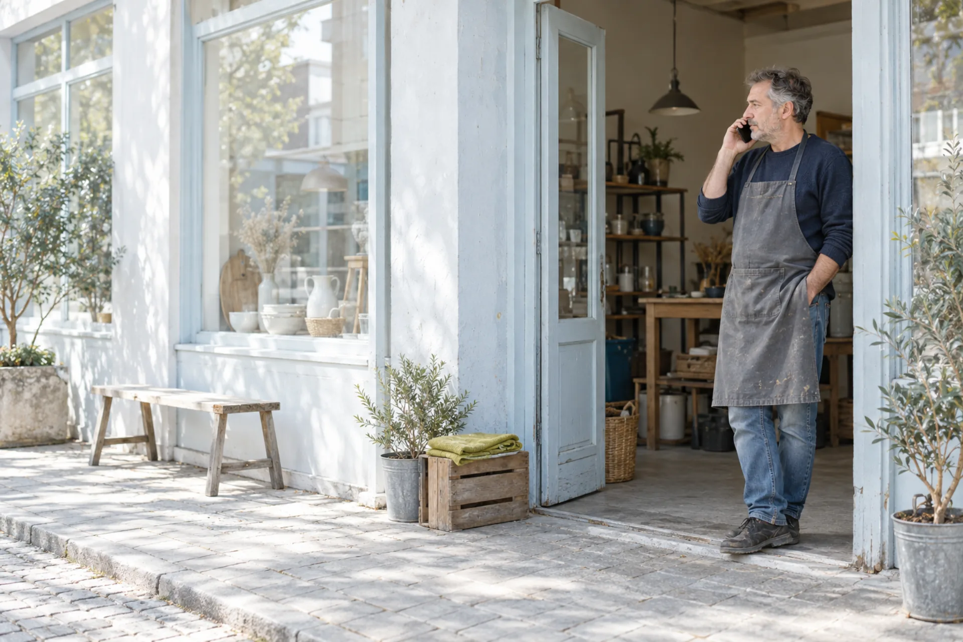 A shop owner on a phone call in his shop doorway in daylight